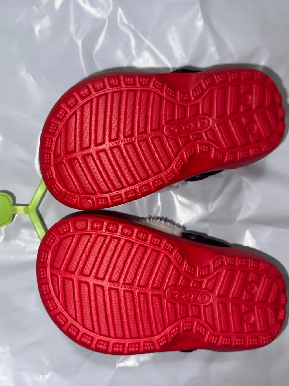 CROCS Red Clog Slides with Black Strap and Cream Fuzzy Lining